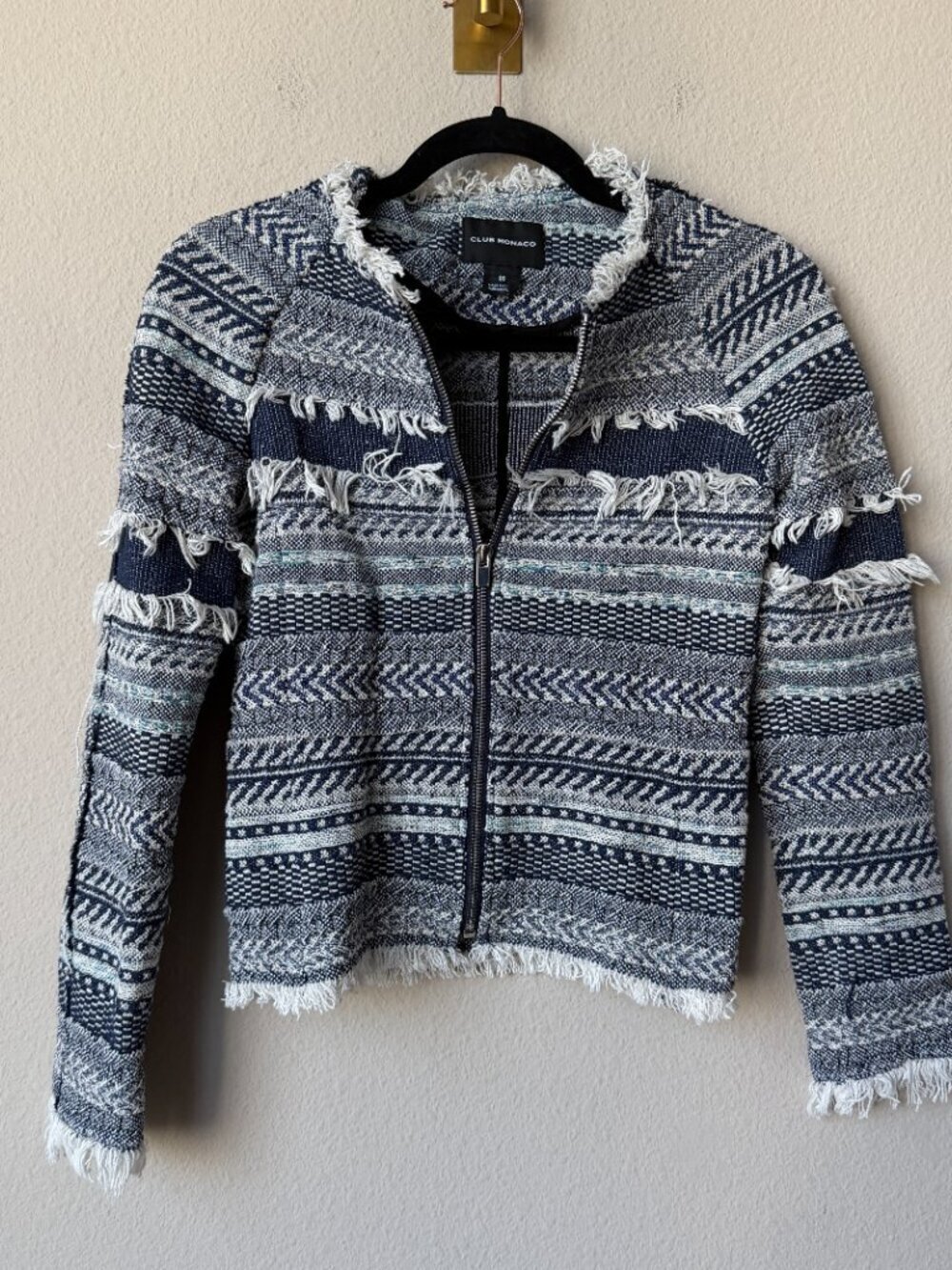 Club Monaco Navy White Herringbone Tweed Fringe Jacket Size 00 - Picture 2 of 4